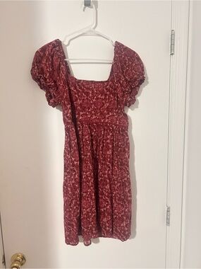 American Eagle Outfitters Pink and Burgundy Floral Babydoll Puff-Sleeve Dress